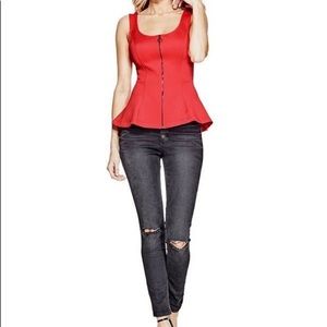 GUESS | Cherry Red Front Zip Peplum Tank Top XXS